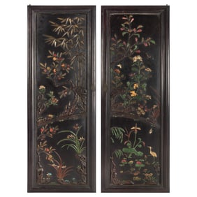 A pair of Chinese precious stone-inlaid hardwood cabinet doors, Qing dynasty