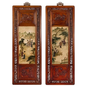 A pair of Chinese hardwood panels with painted hardstones