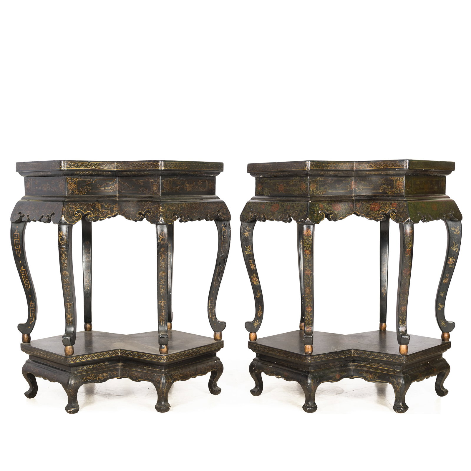 A pair of Chinese painted lacquer conjoined incense stands, Qing dynasty: A pair of Chinese painted lacquer conjoined incense stands Qing dynasty Each composed of two joined diamond-shaped sections with painted decoration and shaped legs. (2). H: 38, W: 35, D: 24 3/4 in. (H
