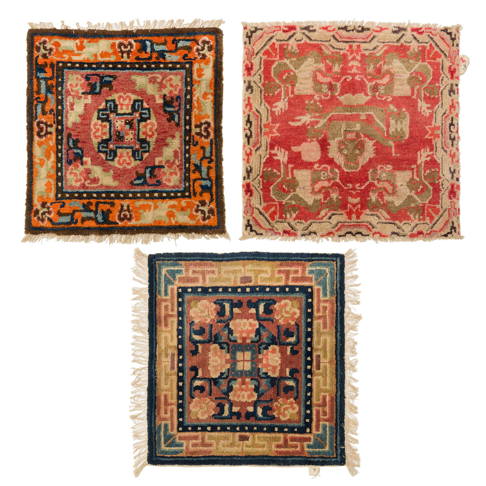 Three Chinese rectangular accent rugs, Republic period: Three Chinese rectangular accent rugs Republic period All decorated with geometric and floral patterns. (3). H: 26 3/8, W: 24 3/4 in. (H: 66.99, W: 62.87 cm. (largest)) From a Florida private collecti