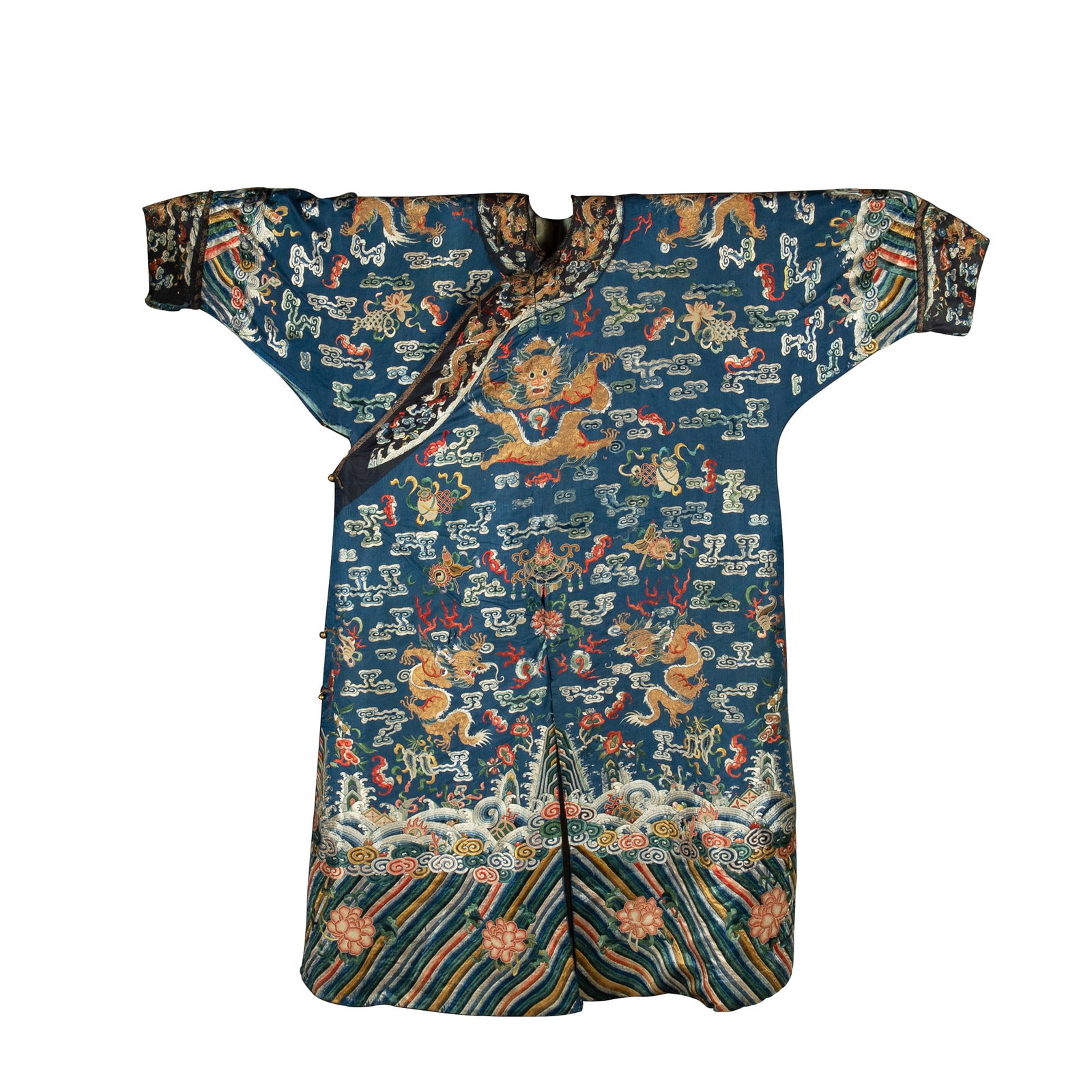 A Chinese blue-ground gold-thread dragon robe, early 19th century: A Chinese blue-ground gold-thread dragon robe early 19th century With the Forbidden Stitch; with a secret dragon panel to interior. H: 57, W: 54 1/2 in. (H: 144.78, W: 138.43 cm.) Mr. Chin, New Jersey
