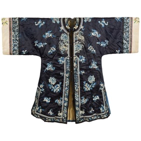 A Chinese blue-ground embroidered lady's winter robe, 19th century