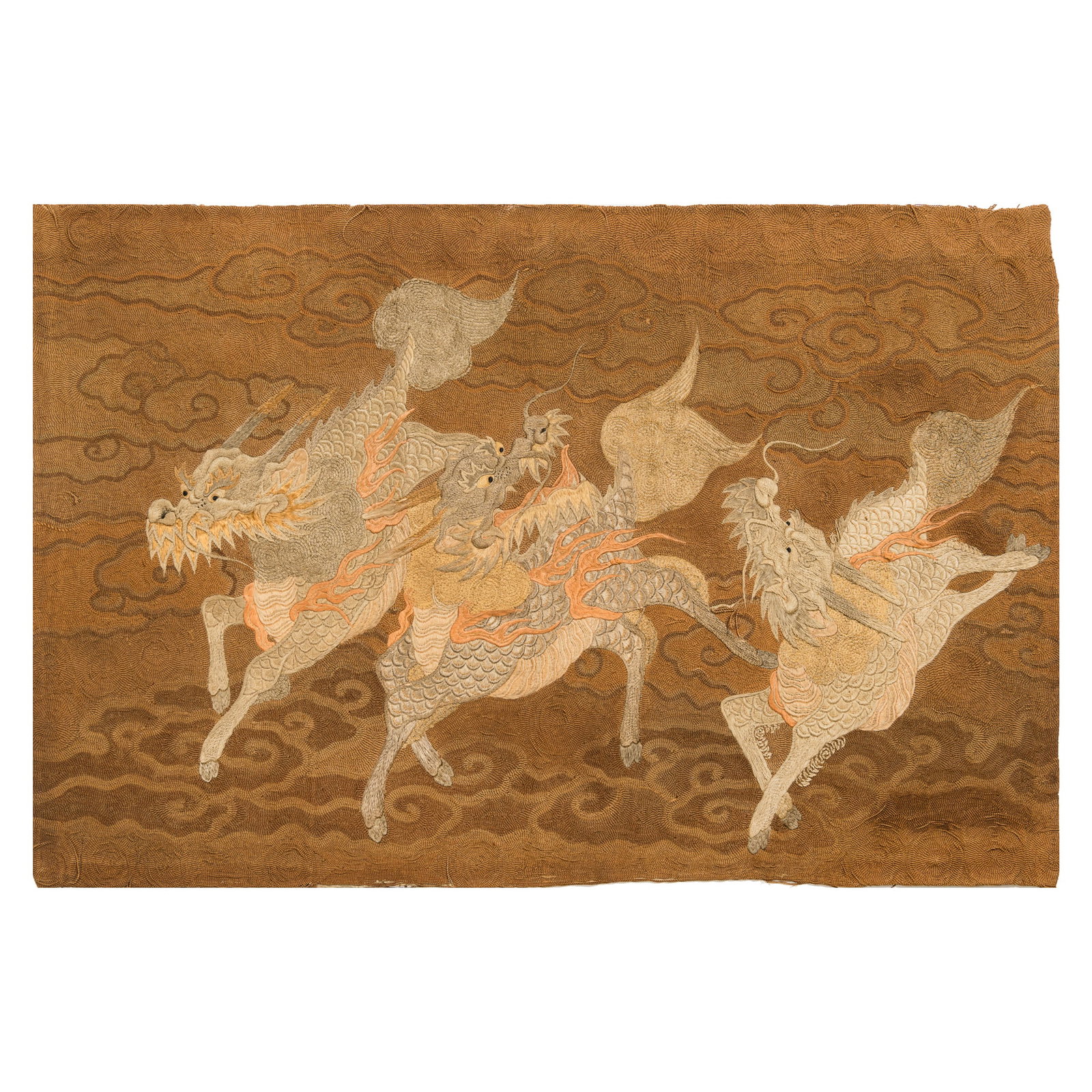 A Chinese embroidered panel with qilin design, 19th century: A Chinese embroidered panel with qilin design 19th century H: 35, W: 55 1/4 in. (H: 88.90, W: 140.34 cm.) Private collection, Seattle, Washington. Click here for high