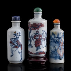 Three Chinese blue and copper-red-underglazed snuff bottles, 19th century
