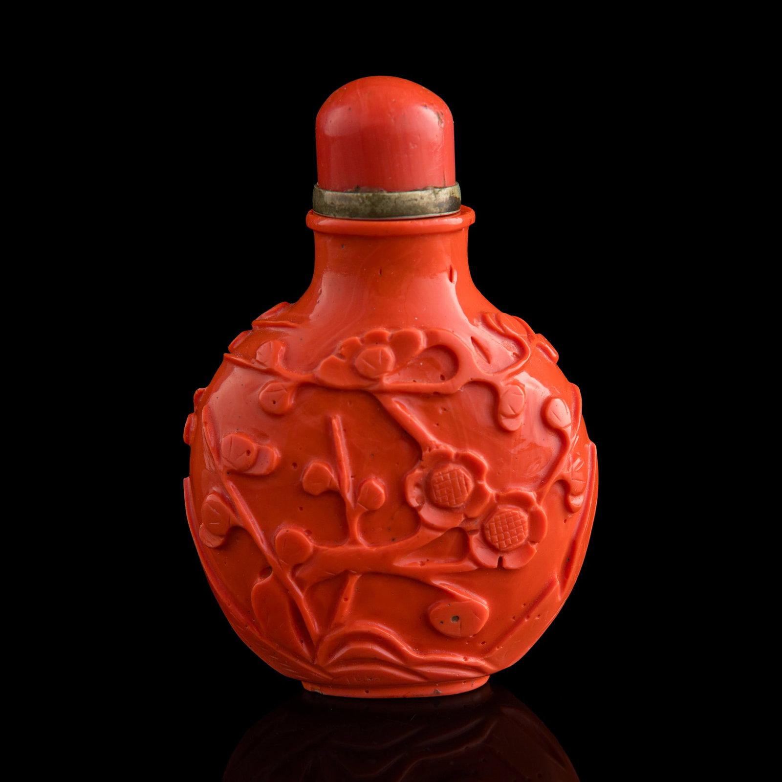A Chinese Peking glass imitating coral snuff bottle, early 19th century: A Chinese Peking glass imitating coral snuff bottle early 19th century H: 3 1/8, W: 2 1/4 in. (H: 7.94, W: 5.72 cm. (overall)) Private collection, Philadelphia, Pennsylvania.
