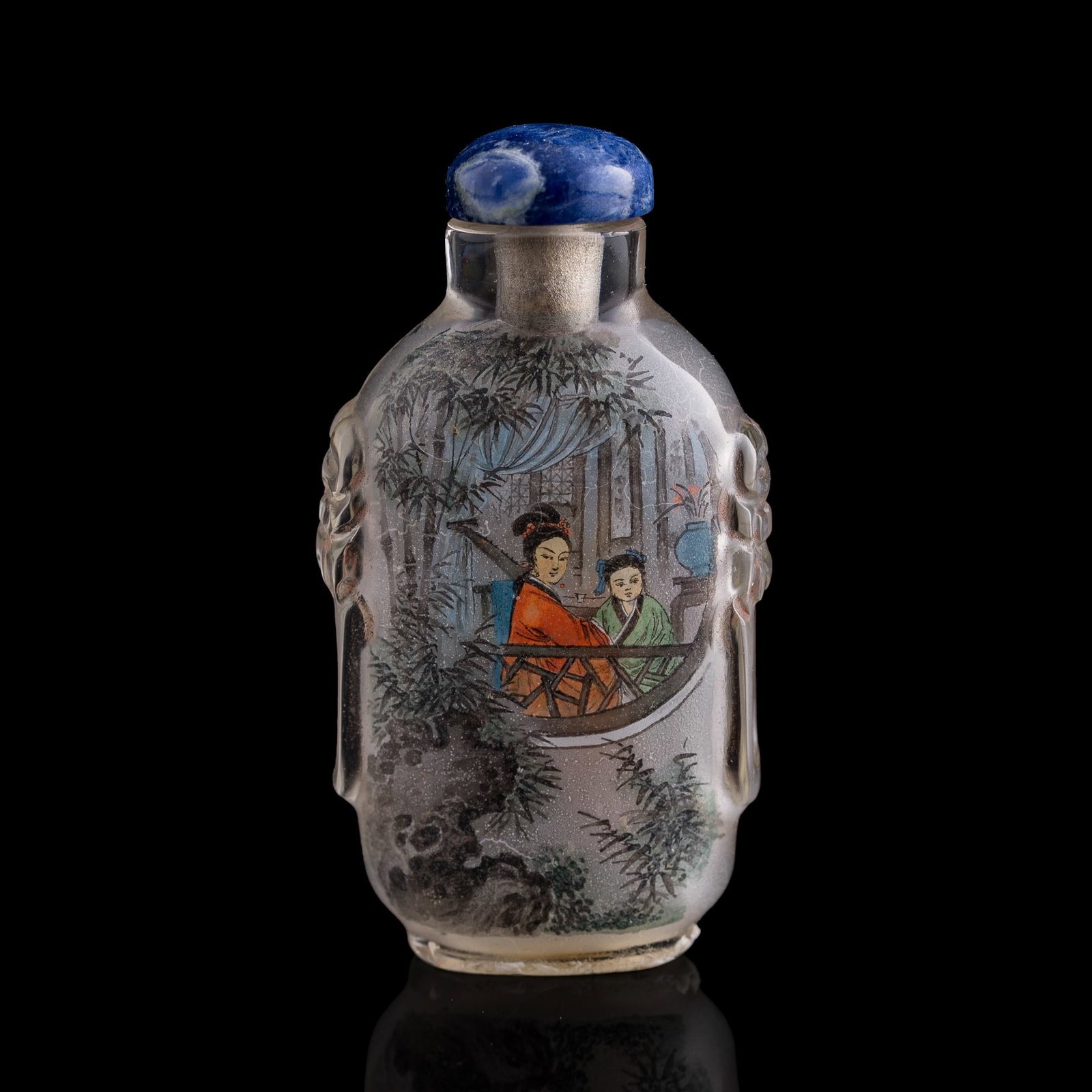 A Chinese reverse-painted snuff bottle, by Yi Hu Zhai workshop: A Chinese reverse-painted snuff bottle by Yi Hu Zhai workshop H: 2 5/8, W: 1 1/2, D: 7/8 in. (H: 6.67, W: 3.81, D: 2.22 cm.) Collection of Mr. Zimmerman, Boston, Massachusetts.