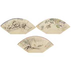 Three Chinese fan paintings, by Hu Zhen, Zhang Lindao, Fan Haolin