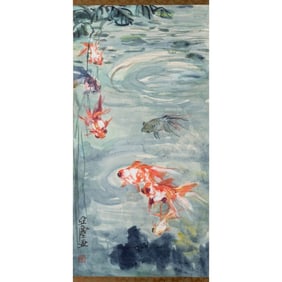 A Chinese 'goldfish' painting scroll, by Wang Yachen (1894-1983)