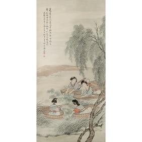 A Chinese 'lotus picking' painting scroll, by Pan Zhenyong (1852-1921)
