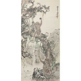 A Chinese 'monkey' and 'pine' painting scroll, by Hu Boxiang (1896-1989)