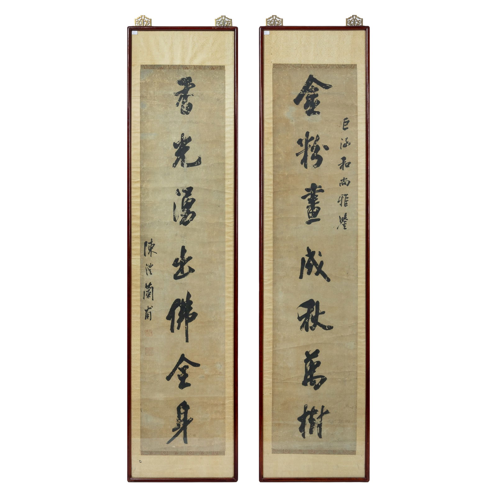 A Chinese seven-character calligraphy couplet, by Chen Li (1810-1882): A Chinese seven-character calligraphy couplet by Chen Li (1810-1882) In running script; with signature and two seals; framed. (2). Sight dimensions: H: 53 1/2, W: 11 7/8 in. (H: 135.89, W: 30.16 cm. (