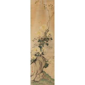 A Chinese 'rock and chrysanthemum' painting scroll, by Ju Lian (1828-1904)