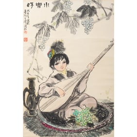 A Chinese 'musician' painting scroll, by Wang Tongren (b. 1937)