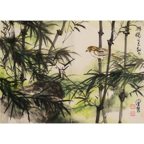 A Chinese painting 'bamboo' and 'bird', by Chen Peiqiu (1922-2020)