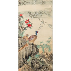 A Chinese 'flower and bird' painting scroll, by Wu Shougu (b. 1912)