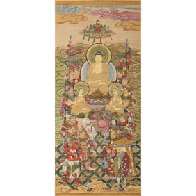 A 'Buddha preaching' painting scroll, 18th century or earlier