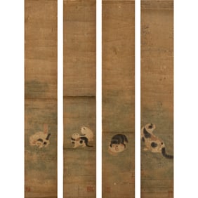 Four Chinese 'cat' painting scrolls, possibly by Wang Yuan (Yuan dynasty)