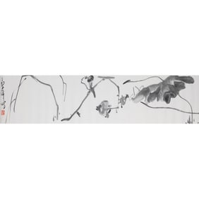 A Chinese horizontal painting of lotus pond, by Ding Yanyong (1902-1978)