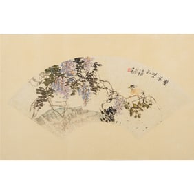 A Chinese fan painting of flowers and birds