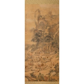 A Chinese 'scholar' and 'pavilion' painting scroll