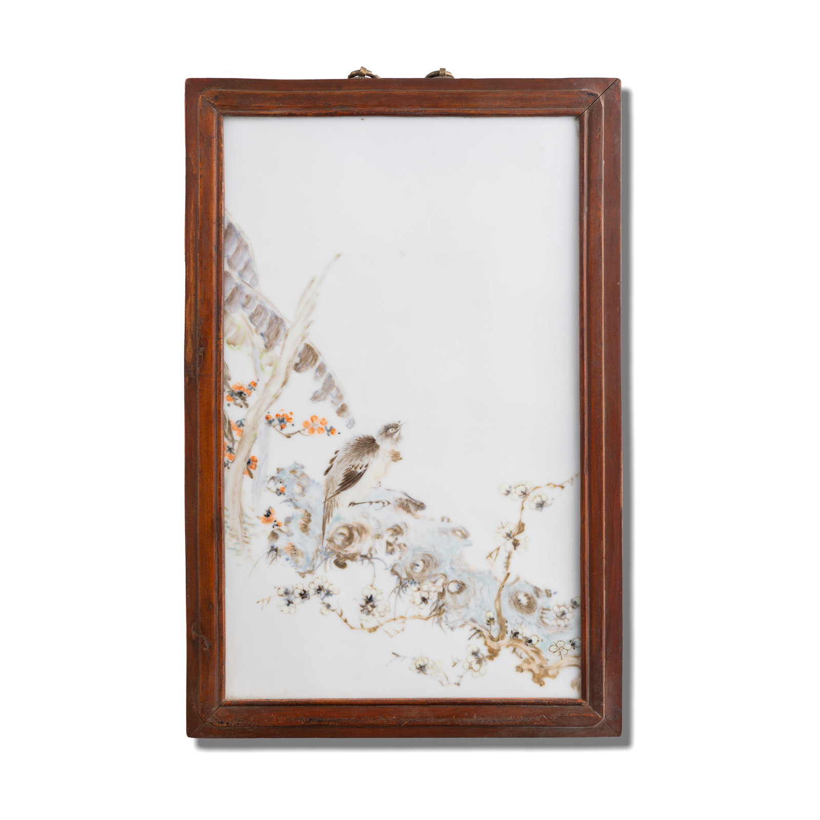 A Chinese Qianjiang-enameled 'bird and flower' porcelain plaque, Republic period: A Chinese Qianjiang-enameled 'bird and flower' porcelain plaque Republic period Depicting a bird perched on branches; framed. Sight dimension: H: 16 5/8, W: 9 7/8 in. (H: 42.23, W: 25.08 cm.) Overall 