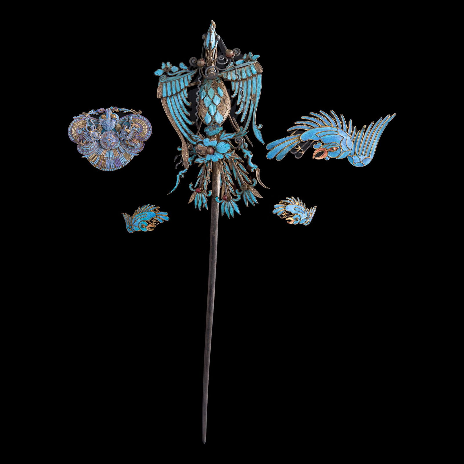 Five Chinese kingfisher feather jewelry, 19th century (1 of 9)