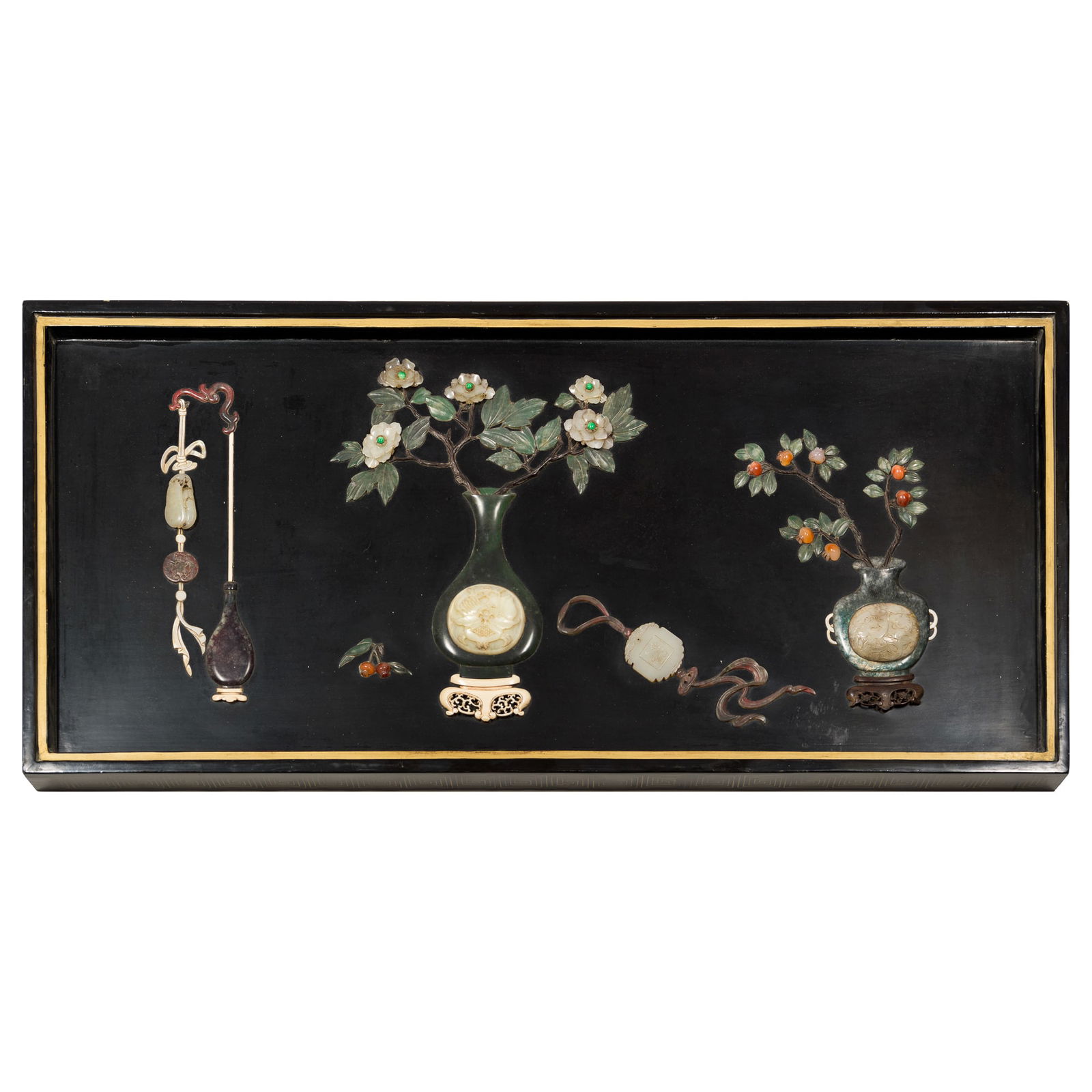 A Chinese hardstone-inlaid 'hundred antiques' panel, Qing dynasty (1 of 6)