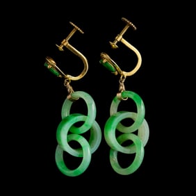 A pair of Chinese jadeite triple-link earrings, Qing dynasty