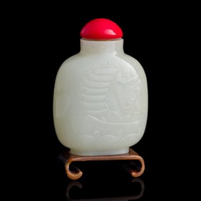 A Chinese carved white jade 'fisherman' snuff bottle, 18th century