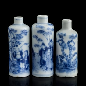 Three Chinese blue and white ‘figural’ snuff bottles, 19th century
