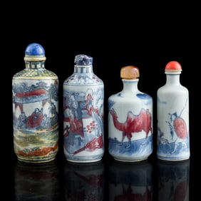 Four Chinese blue and copper red-underglazed snuff bottles, 19th century