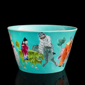 A Chinese turquoise-ground famille rose 'figural' bowl, Republic period