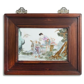 A Chinese famille rose 'Magu and Shou' porcelain plaque, Republic period