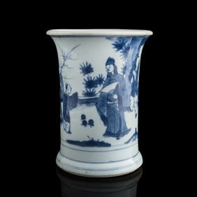 A Chinese blue and white ‘figural’ brush pot, Kangxi period, Qing dynasty