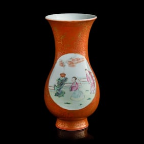 A Chinese gilt-decorated coral red and famille rose vase, Republic period