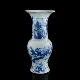 A Chinese blue and white 'landscape' and 'figural' phoenix-tail zun, Kangxi period, Qing dynasty