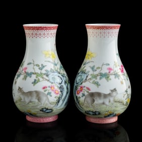 A pair of Chinese falangcai-style 'cat' vases, Republic period