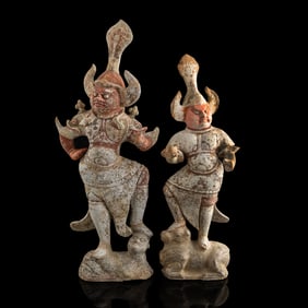 Two Chinese pottery guardian figures, Sui/Tang dynasty