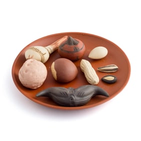 Nine Chinese zisha imitation fruits and a tray, Contemporary