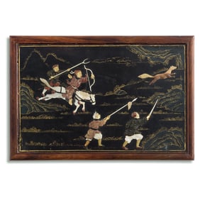 A Chinese precious stone-inlaid 'hunting scene' panel, 19th century