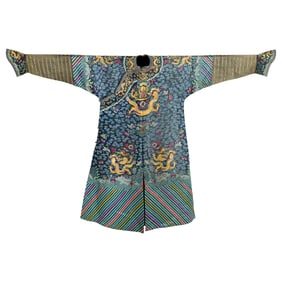 A Chinese blue-ground gold-thread silk gauze dragon robe, early 19th century