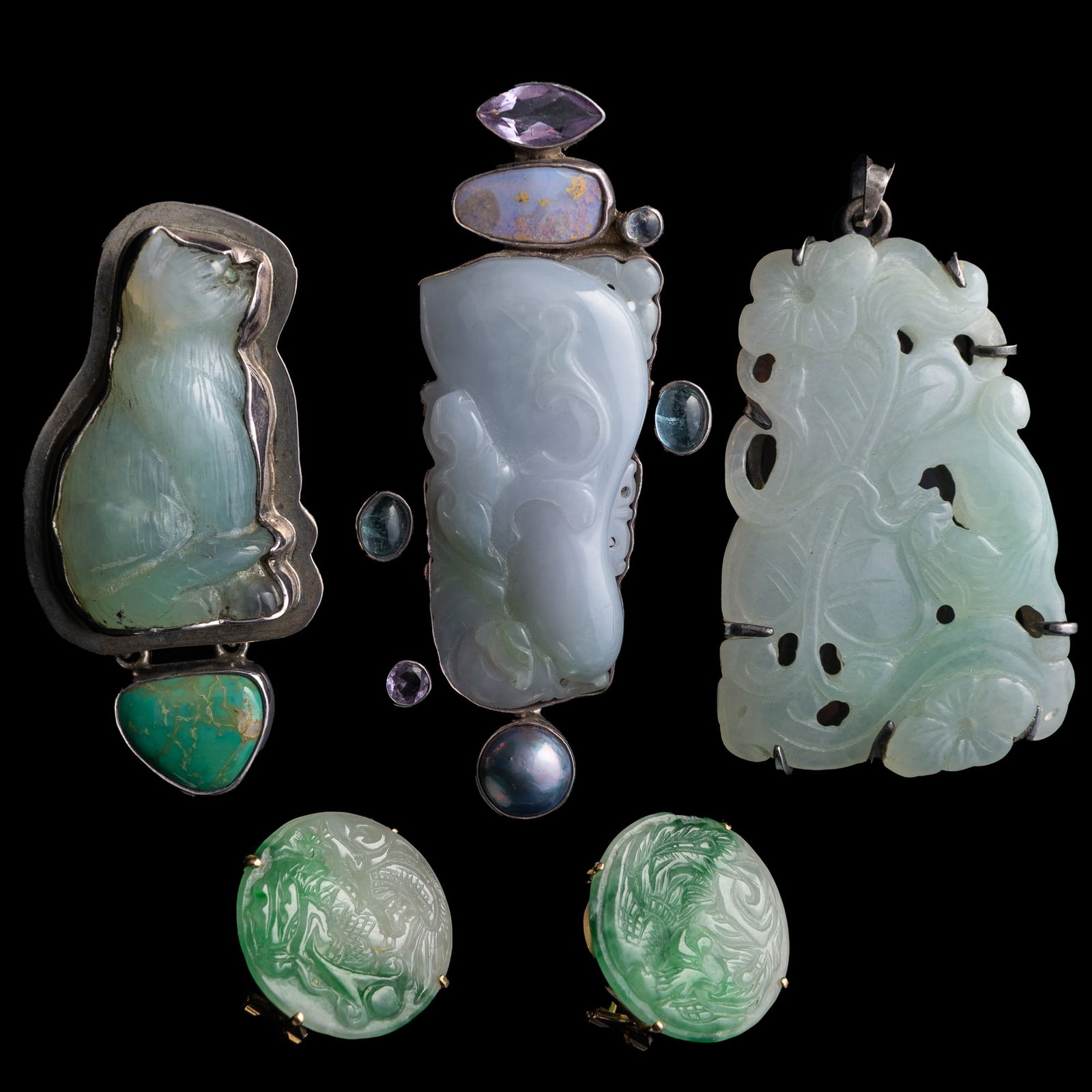 Five Chinese jadeite ornaments, Qing dynasty/Republic period (1 of 8)
