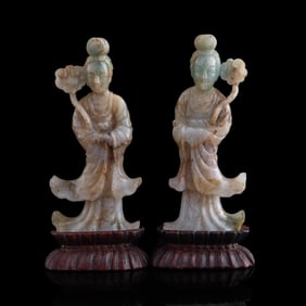 A pair of Chinese jadeite court ladies, 19th century