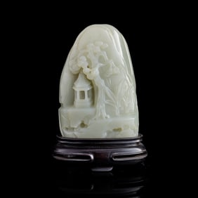 A Chinese carved jade 'pine tree' and 'pavilion' boulder, 18th/19th century