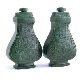 A pair of Chinese spinach jade lidded vases, Qing dynasty