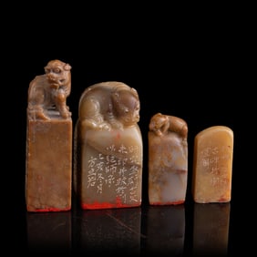 Four Chinese Shoushan stone seals, Two inscribed by Fang Danruo (Republic period)