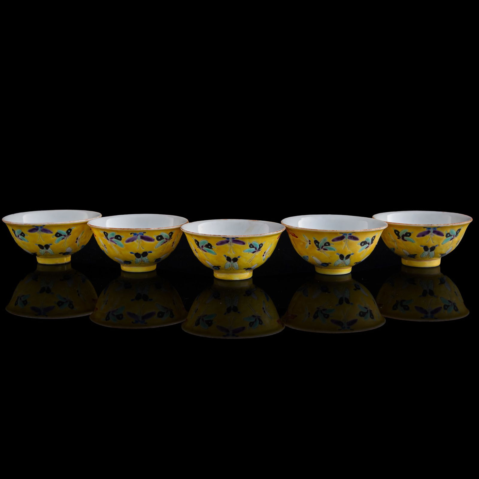 Five Chinese yellow-ground famille rose 'hundred butterflies' cups, Republic period (1 of 8)