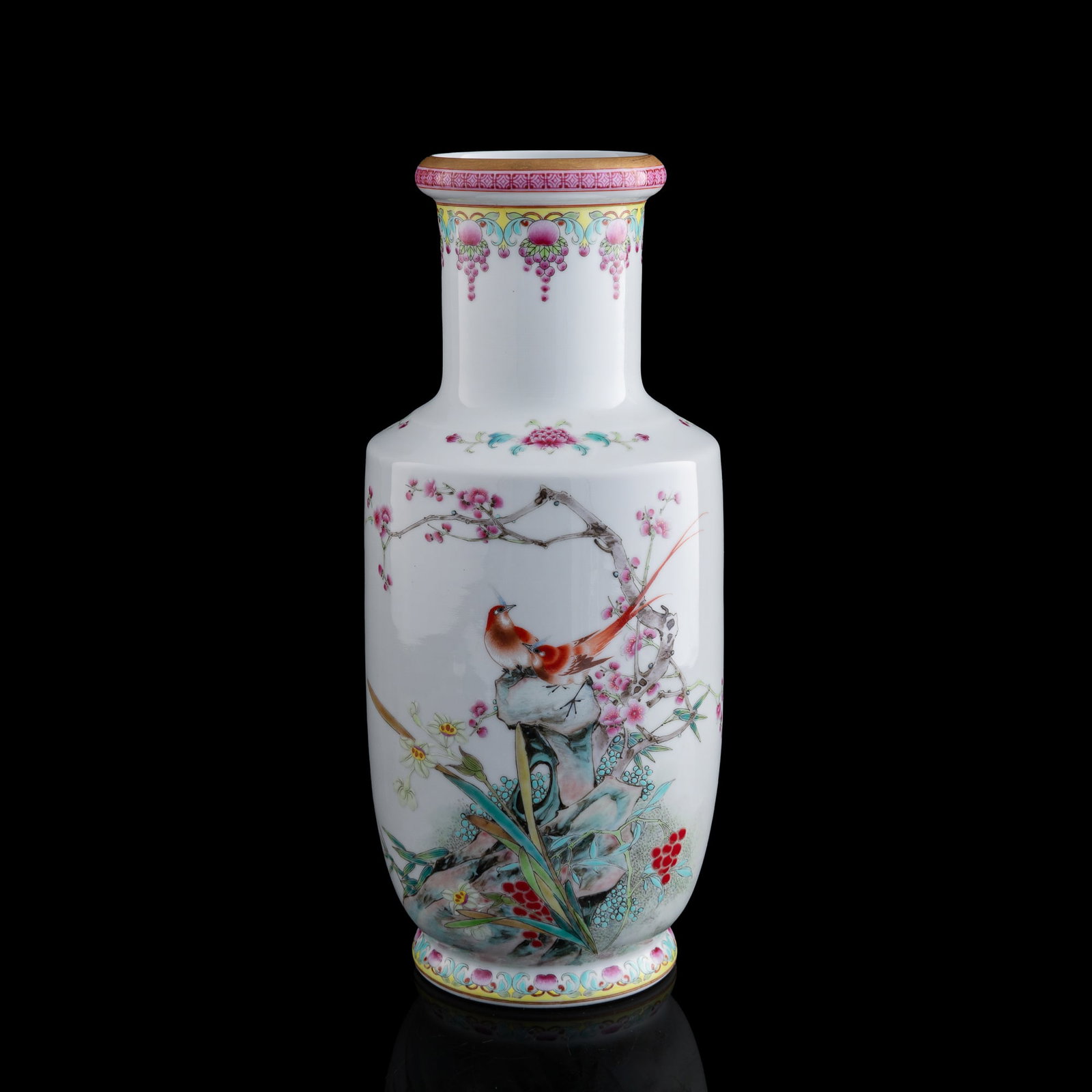 A Chinese famille rose 'flower and bird' vase, 1950s-1960s: A Chinese famille rose 'flower and bird' vase 1950s-1960s With "Jingdezhen Zhi" mark to underside. H: 13 7/8, Dia: 6 1/2 in. (H: 35.24, Dia: 16.51 cm.) From Mr. Chan, Vancouver, Canada.