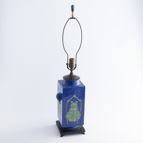A Chinese blue-glazed famille rose vase lamp, late 19th century