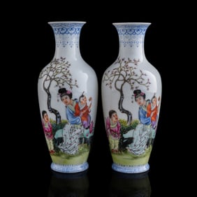A pair of Chinese famille rose 'figural' vases, Republic period